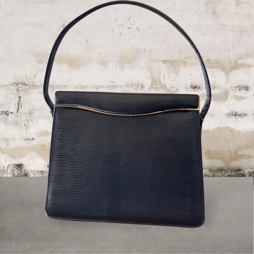 Vintage black embossed lizard reptile leather hand bag brass hardware